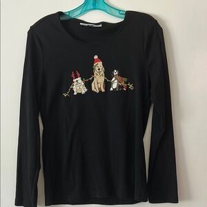 Karen Scott Black Embellished Long Sleeve Christmas shirt with dogs puppies PL